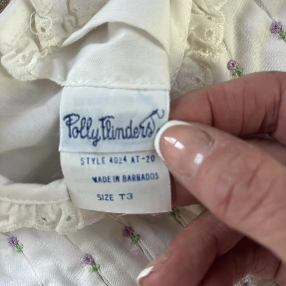 VTG Polly Flinders SZ T3 White Dress Purple Ribbon Eyelet Detail Pleats Adorable